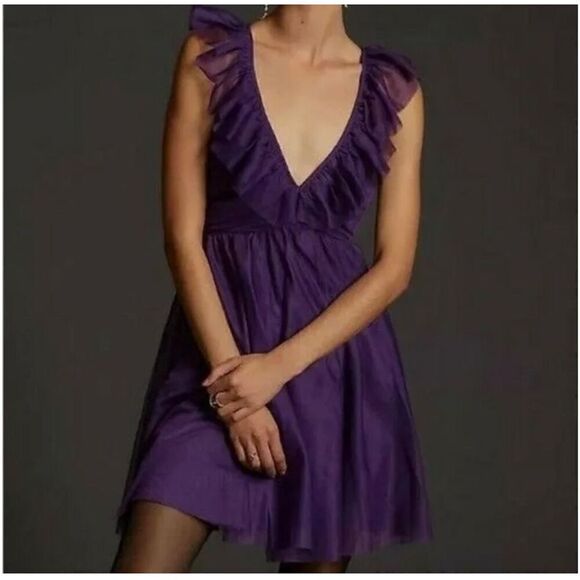 NWT Anthropologie Maeve Ruffled Tulle Mini Dress Purple Size L - Picture 1 of 15